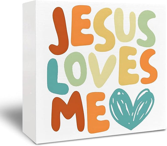 Baby Girl Nursery Christian Wood Box Sign, Christian Toddler Room Decor, Kids Bible Verse Decor, Jesus Loves Me Wooden Box Sign for Tabletop Shelf Home Desk 5x5 Inch