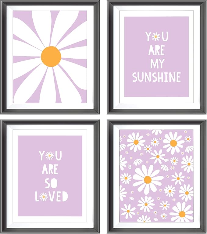 AEHIE Boho Purple Daisy Flower Wall Art Print, You Are My Sunshine Poster for Baby Girls Room Nursery, Bohemian Spring Aesthetic Floral Decor for Home, 4pcs
