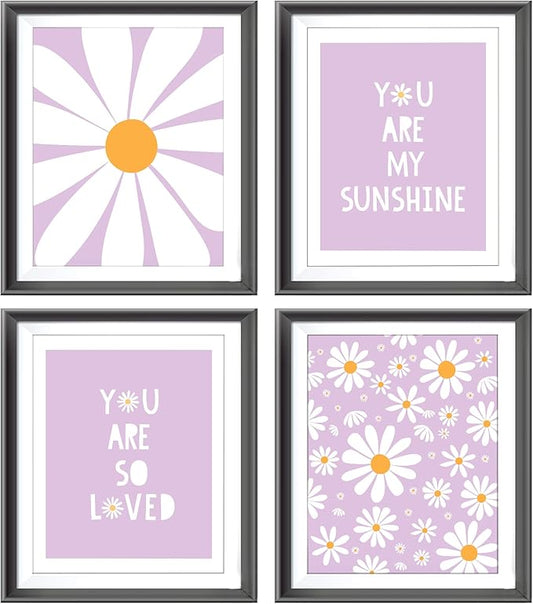 AEHIE Boho Purple Daisy Flower Wall Art Print, You Are My Sunshine Poster for Baby Girls Room Nursery, Bohemian Spring Aesthetic Floral Decor for Home, 4pcs