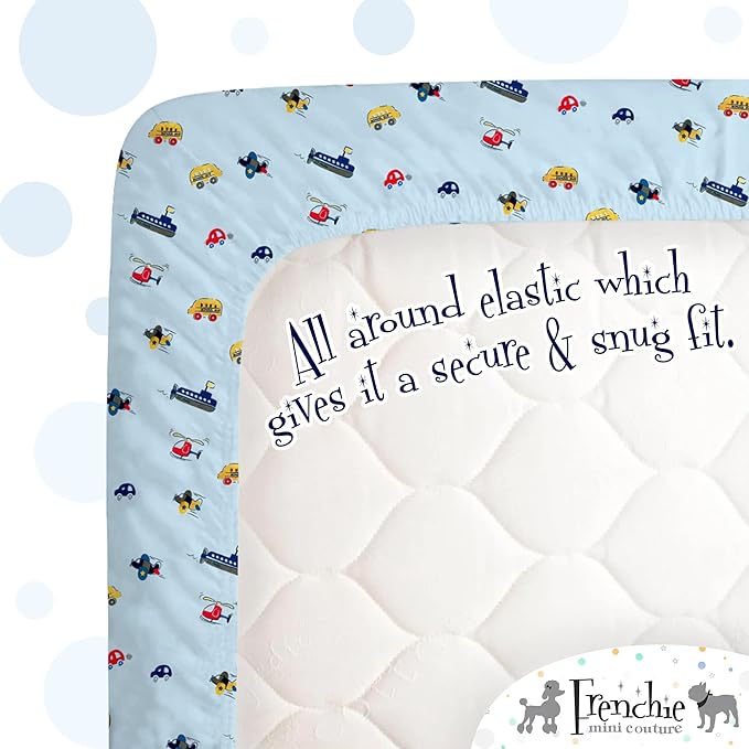 Frenchie Mini Couture, Fitted Crib Sheet Single, 100% Woven Cotton, Toddler Fitted Sheet, Fits Standard Size Baby Mattress 28 x 52 x 8in, Cars, Boats, & Planes (Light Blue)
