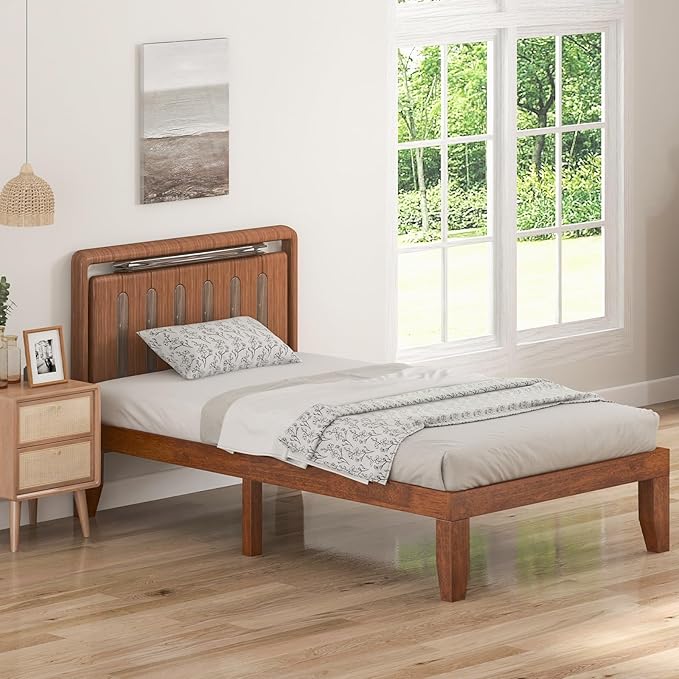 KOMFOTT 14 Inches Wood Platform Bed Frame Twin Size, Wooden Mattress Foundation with Rubber Wood Frame, Strong Wooden Slat Support, No Box Spring Needed, Bed Frame (Brown Cherry)