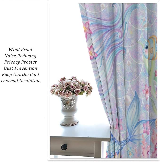 Mermaid Curtains for Girls Children Pink Sea Animal Mermaid Coral Bedroom Curtains for Living Room Room 63x63 Inch