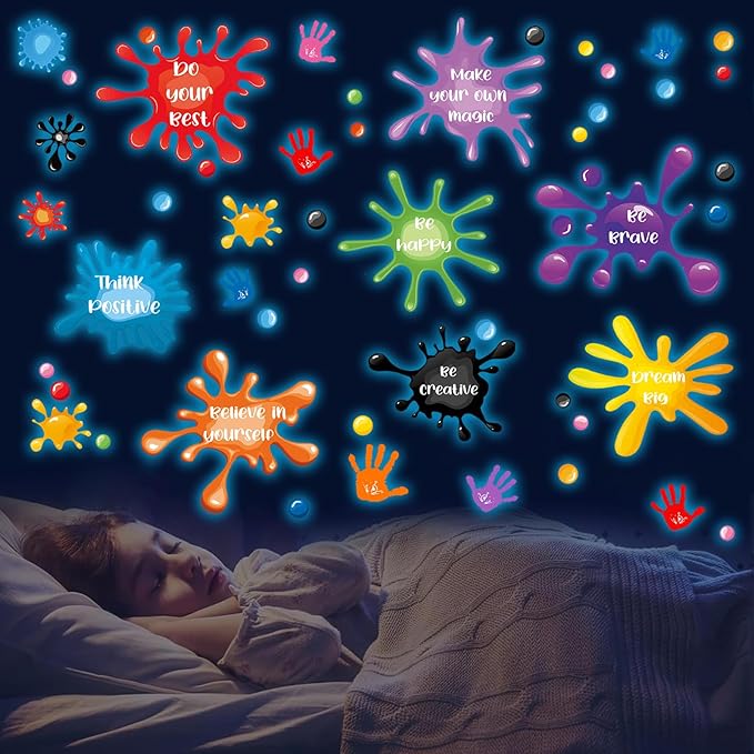 Glow in The Dark Inspirational Wall Decals Glowing Luminous Watercolour Motivational Lettering Wall Stickers Positive Saying Ink Splatter Splotches Decals for Kids Classroom Nursery Playroom Decor