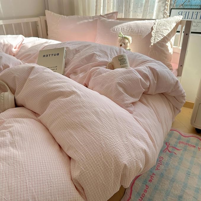 LifeTB Pink Gingham Duvet Cover Twin XL 3 Pieces Romantic Lace Duvet Cover Pink Plaid Checkered Comforter Cover with 2 Pillowcases Soft Breathable Microfiber Grid Farmhouse Plaid Bedding Set