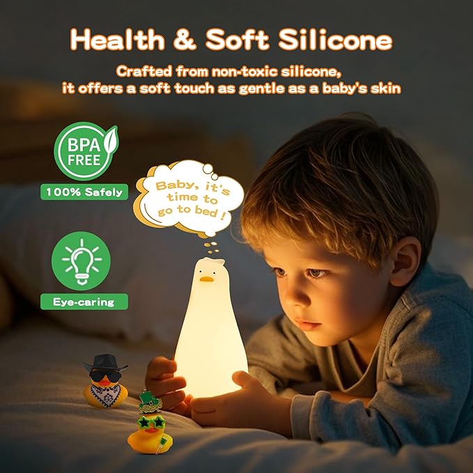 Lying Flat Duck Night Light,Cute White Elephant Gifts,Existential Crisis Duck Lamp,Silicone Squishy Animal Nursery Nightlight, Dimmable/Rechargeable Bedside Touch Lamp,Xmas Gifts for Baby Adults Kids
