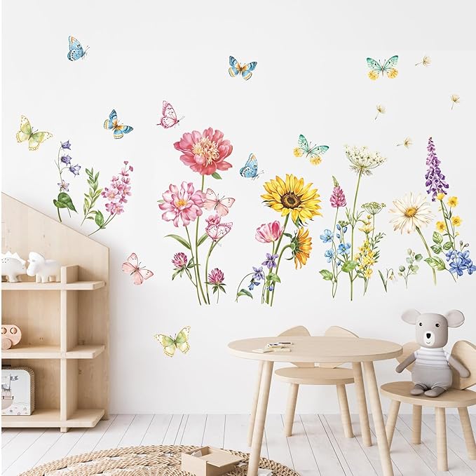 Butterfly & Flower Wall Decals Removable Peel and Stick Flower Wall Stickers for Girls Room, Bedroom, Living Room Nursery Decor