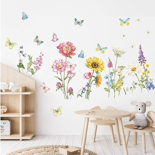 Butterfly & Flower Wall Decals Removable Peel and Stick Flower Wall Stickers for Girls Room, Bedroom, Living Room Nursery Decor