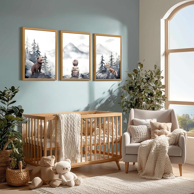 kilamino Neutral Woodland Wild Animal Wall Art, Cute Bear Fox Nursery Wall Decor, Adventure Boy Poster Prints, Vintage Forest Animal Canvas Paintings for Baby Room Playroom Wood Framed 16"x24"x3