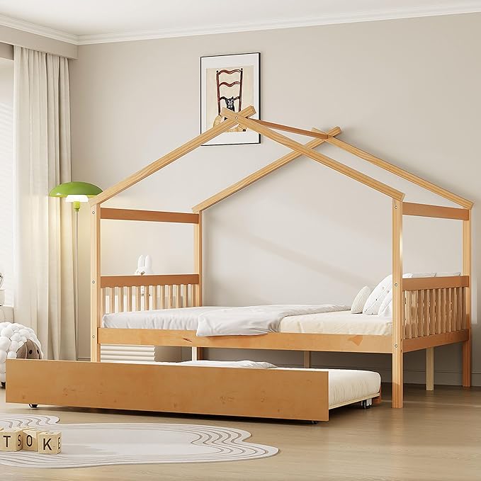 Harper & Bright Designs Full House Bed for Kids, Wood Montessori Beds with Trundle, Full Platform Bed Frame with Roof, Playhouse Bed for Kids,Teens, Bedroom, Natural