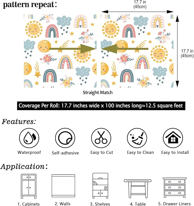 CHIHUT Peel and Stick Wallpaper Kids Cute Star Cloud Rainbow Wallpaper for Girls Bedroom Decorative Colorful Rainbow Contact Paper Removable Self Adhesive Wall Paper Mural for Nursery Wall 17.7”x100”
