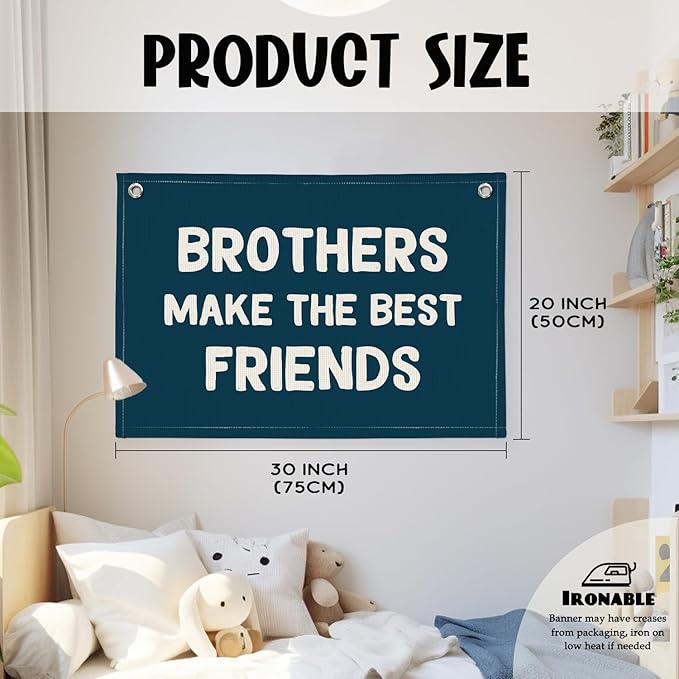 Brothers Make The Best Friends Banner, Boys Room Decor, Toddler Boy Linen Banner Wall Hanging Flag Decor for Nursery 20x30 - Navy Blue