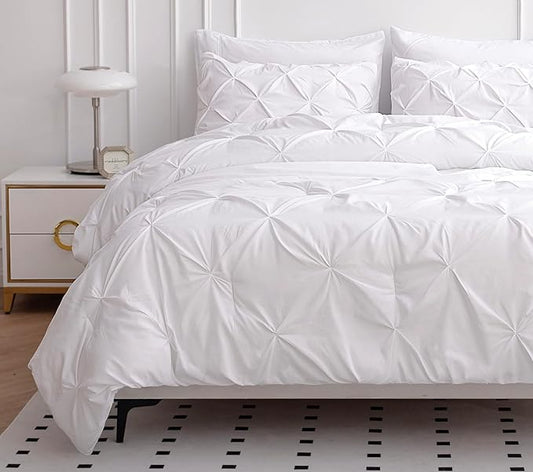 LANE LINEN Full Size Comforter Set, 7 Piece Bed in a Bag - Soft Pintuck Bedding Comforter Sets with Sheets, Pillowcases & Shams - White