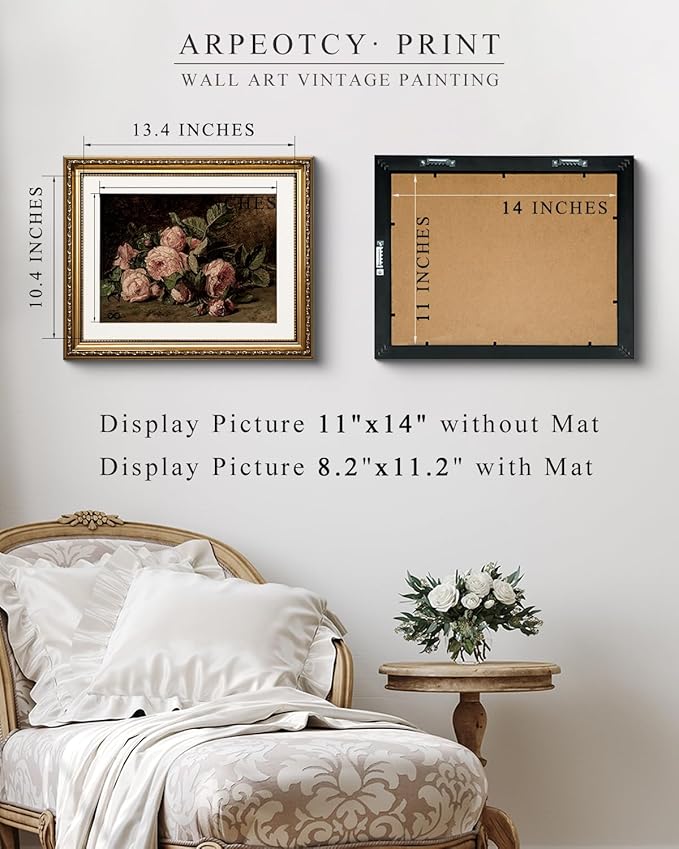 ARPEOTCY Vintage Gold Framed Wall Art, Retro Still life Pink Roses Canvas Prints Artwork with Antique Frame, Victorian Wall Paintings Decor for Living Room Gallery, 13x16 inch