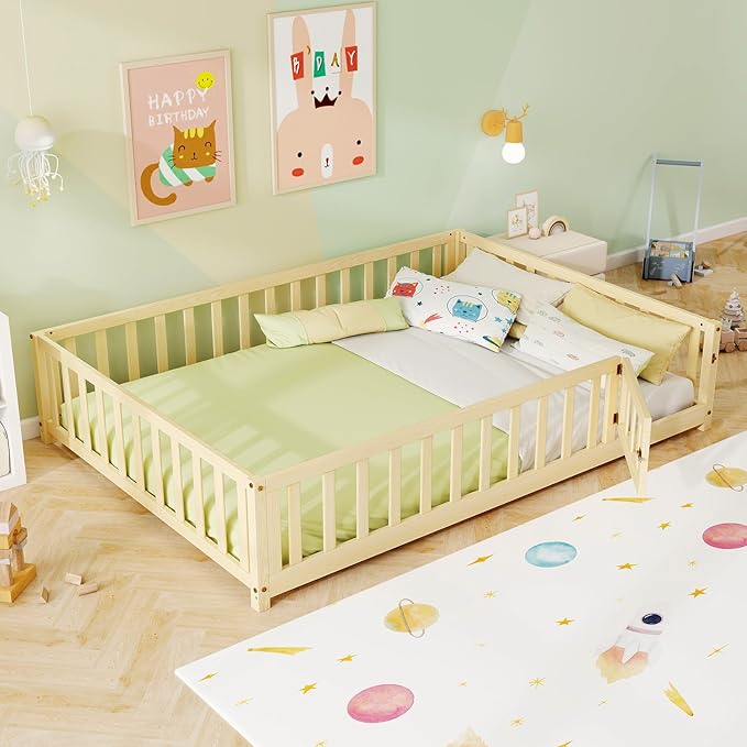 KOMFOTT Full Size Wood Floor Bed with Door & Fence, Montessori Bed Frame with Full Length Safety Guardrails, Slats Support, Door & Latch, Wooden Montessori Floor Bed, No Box Spring Needed