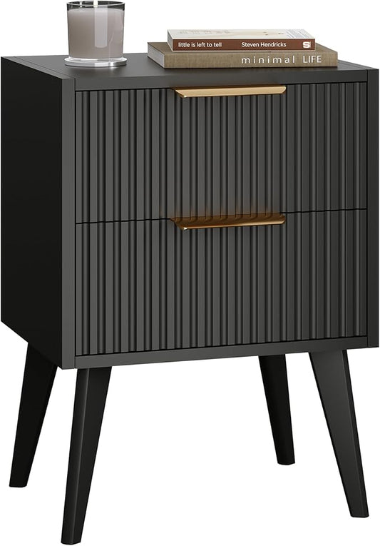 Night Stand,Modern Bedside Table,Black Nightstand with 2 Storage Drawers,Fluted Side Table with Solid Wood Legs,Mid Century End Table for Living Room,Bedroom,Small Space,Black CTG55BK
