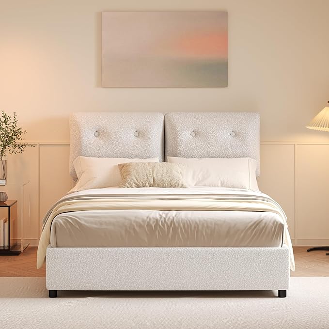 Full Size Bed Frame with Headboard, Cloud Boucle Upholstered Bed Frame, Modern Soft Style, Adjustable Headboard, No Box Spring Needed, Easy Assembly, White