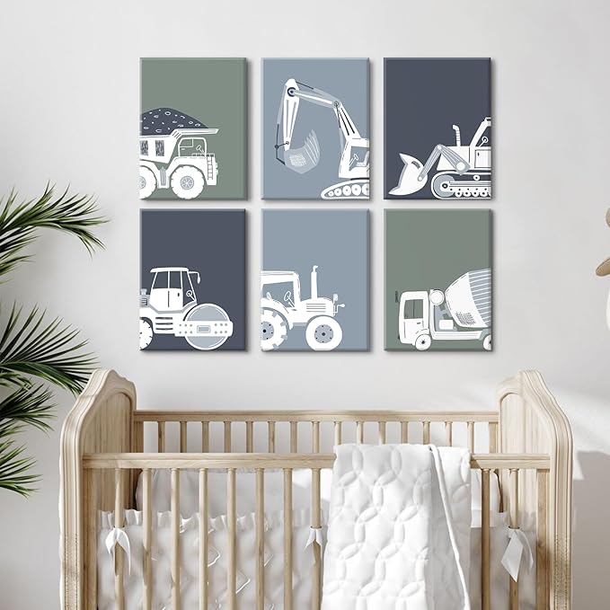 Construction Truck Wall Art Nursery Canvas Wall Decor Boys Room Wall Art Kids Car Posters Toddler Prints Nursery Artwork Excavator Tractor Pictures for Playroom Bedroom 8x10x6 Inch Framed