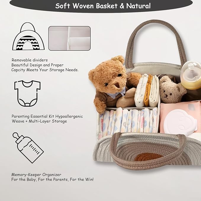 COMFY-HOMI Diaper Caddy Organizer with Gift Bags and Ribbons - Sturdy Cotton Rope Basket for Baby Girl & Boy Newborn Essentials, Large Baby Gift Bag, Nursery Storage Caddy with Handles (white Brown)