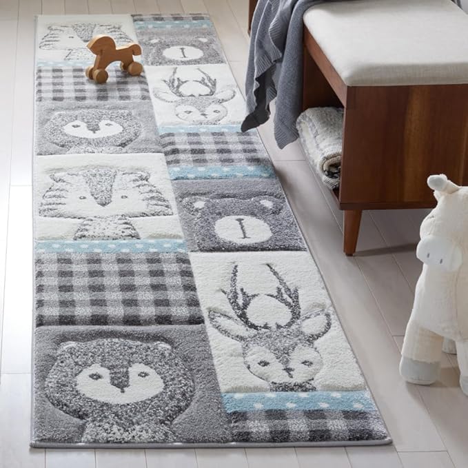SAFAVIEH Carousel Kids Collection Runner Rug - 2' x 8', Grey & Ivory, Animal Design, Non-Shedding & Easy Care, Ideal for High Traffic Areas for Boys & Girls in Playroom, Nursery, Bedroom (CRK188B)