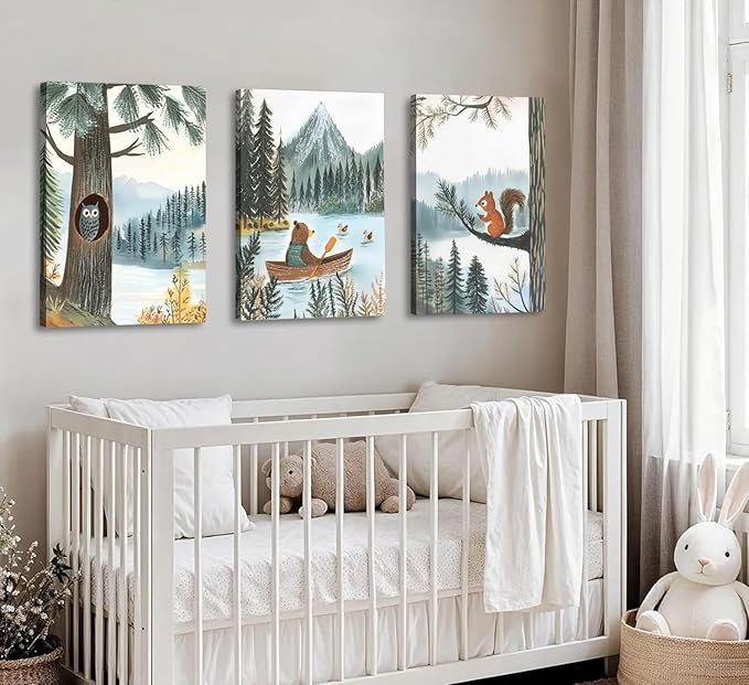 Woodland Animal Canvas Wall Art Set of 3 Bear Owl & Squirrel Posters Prints Adventure Theme Nursery pictures Wall Decor for Kids Bedroom or Playroom Ready to Hang(12x16in canvas)