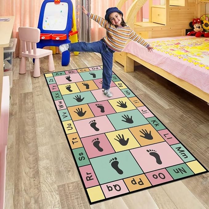 Hopscotch Play Rugs Kids, ABC Alphabet Education Carpet, Playroom Bedroom Living Room Decor Learning mat (Pink,31x63 in)