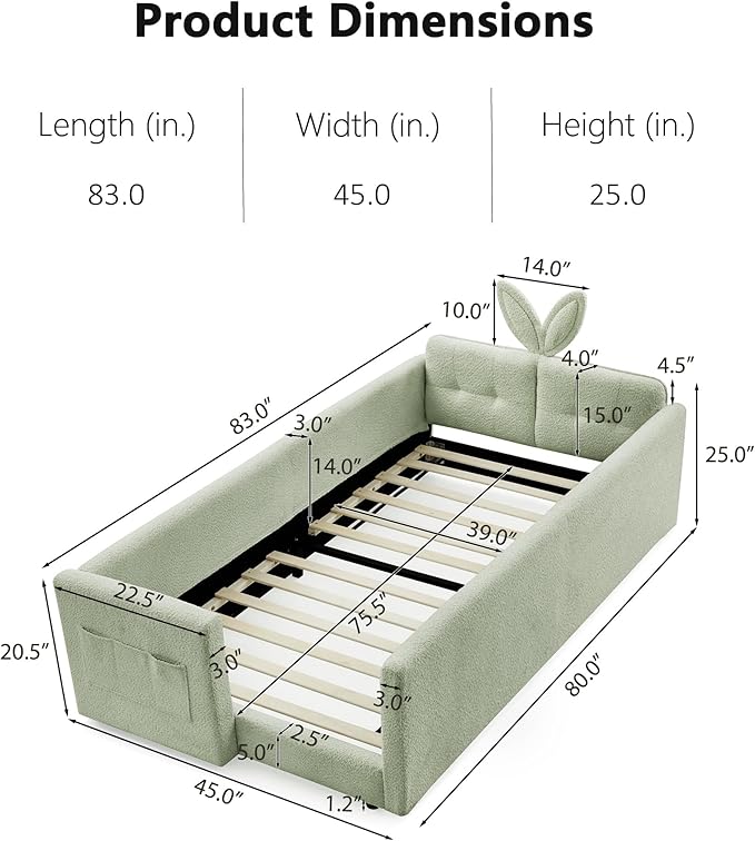 DEINPPA Twin Size Platform Bed Frame with Rabbit Ear Shaped Headboard and Pocket, Boucle Upholstered Bed Frame with Guardrail for Children Kids Boys Girls-Green