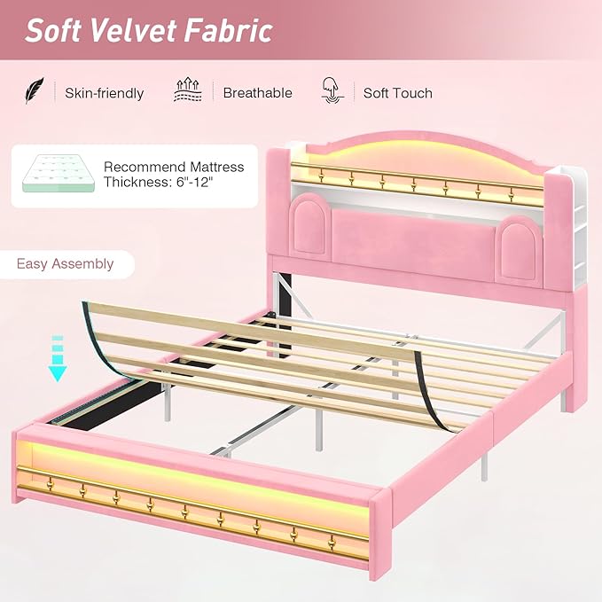 Full Size Bed Frame with Storage Headboard, Platform Bed Frame Full with LED Lights and Charging Station, Velvet Princess Bed for Girls/Kids, No Box Spring Needed/Noise-Free/Easy Assembly,Pink
