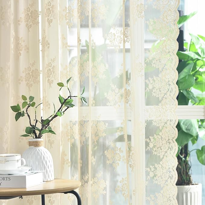 Kotile Beige Lace Curtains 63 Inch Length 2 Panels, Country Rustic Floral Patterned Vintage Beige Sheer Curtains for Bedroom, Rod Pocket Privacy Light Filtering Sheer Window Drapes, 42 x 63 Inch