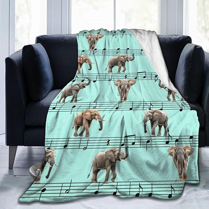 Elephant Blanket Musical Notes Decor Throw Blanket Super Soft Flannel Lightweight Fluffy Plush Fuzzy Fleece Blanket Gifts for Girl Woman Boys Kids Adults Man for Bed Sofa 40"X50"