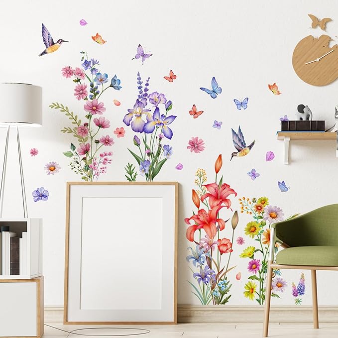 Flower Wall Decals Lily Flower Butterfly Bird Floral Wall Stickers Colorful Cute Cartoon Wall Decor for Living Room Kids Room Playroom Home Wall Decor