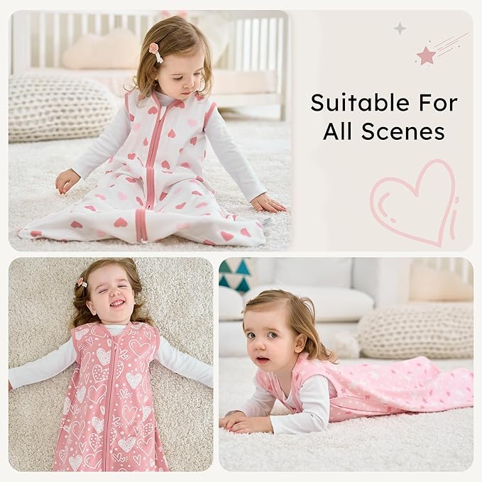 Baby Sleep Sack 12-18 months, 100% Cotton Sleeping Sack for Newborn and Infant, 3 Pack Baby Wearable Blanket for Boy and Girl, 0.5 Tog Lightweight Double Zipper Sleep Bag Pink Heart