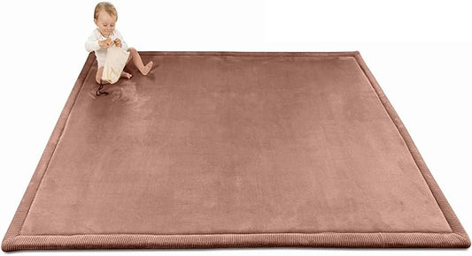 Stylish Coral Velvet Baby Play Mat for Floor 60" x 80" Brown – Soft 1" Thick High-Density Memory Foam Nursery Rug,Kids Rug with Non-Slip Backing for Crawling & Playing, Playroom Rug, Kids Carpet