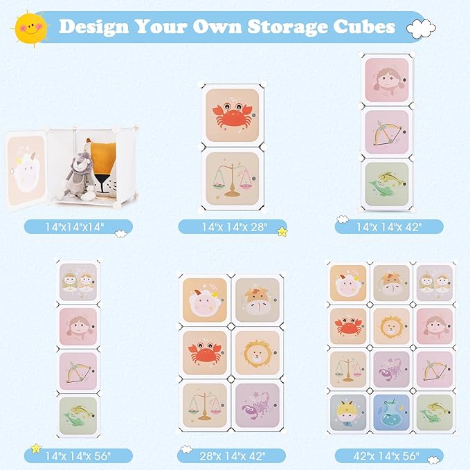 INFANS Children Wardrobe, Kid Closet Portable Baby Dresser Cute for Kids Bedroom Nursery Armoire with Doors 12 Cube 2 Hanging Sections, Kid Clothes Storage Organizer
