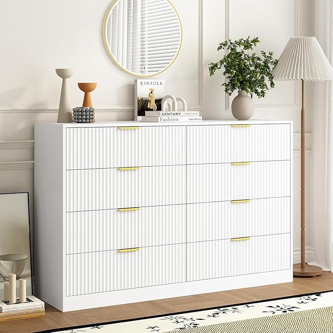 8 Drawer Dresser for Bedroom, Modern Fluted Double Dresser, 55" Wide Chest of Dressers, Wooden Beside Table for Closet, Living Room and Entryway, White