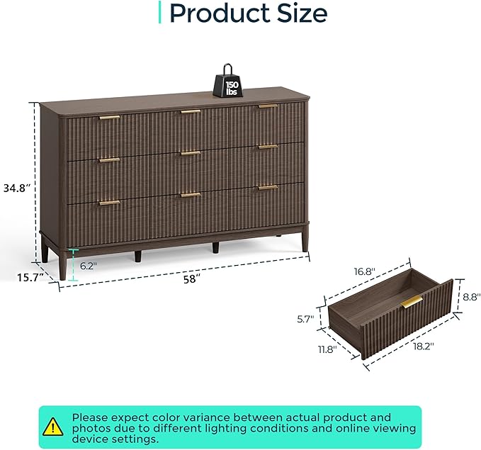 LINSY HOME Fluted Dresser for Bedroom with 9 Drawers, 58" Wide Mid Century Modern Dresser, Tall Boho Chest of Drawers, Large Wood Accent Storage Cabinet for Living Room, Curved Profile Design, Walnut
