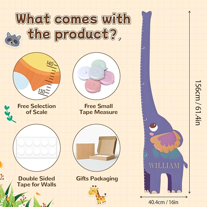 Personalized Wooden Elephant Growth Chart Ruler,Customized Height Growth Chart Kids,Baby Boy Girl Measurement Ruler,No-Drill Wall Decor Baby Room Nursery