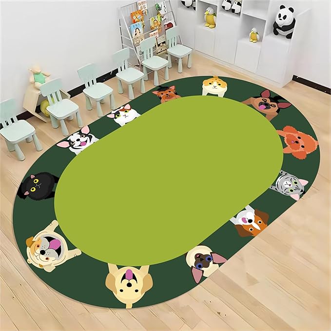 Cat and Dog Kids Area Rug, 3x5ft, Children's Pet Print Oval Rugs, Children's Educational Learning Animal Play Mat for School Classroom, Non-Slip Washable Green Carpet for Nursery Bedroom