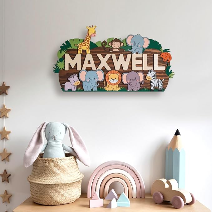 Personalized Nursery Sign, Woodland Animals Wooden Sign with Name, Hello World Newborn Sign, Animals Sign for Kid Room Decor, Baby Gifts for Girl, Custom Baby Name Sign, Baby Wall Art Bedroom
