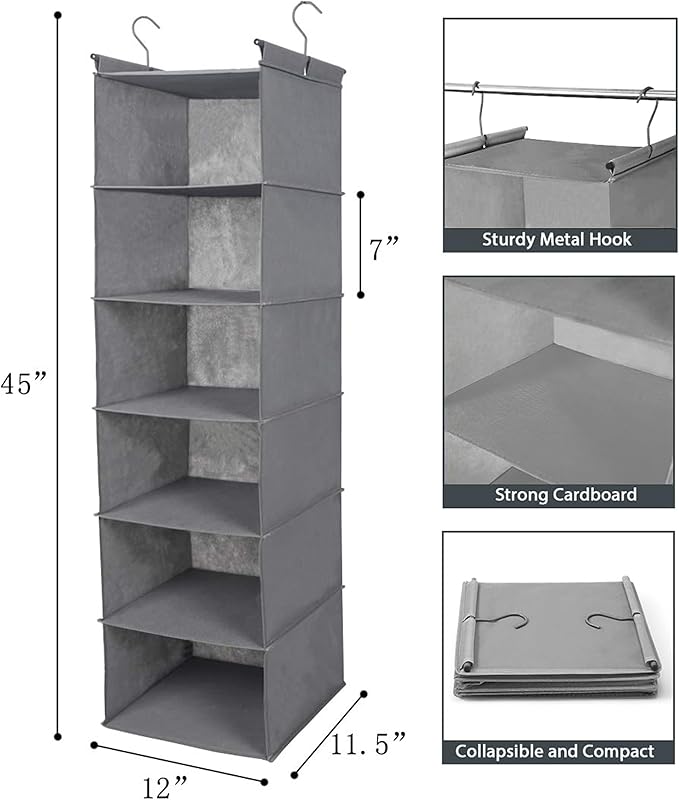MAX Houser 6 Tier Shelf Hanging Closet Organizer, Closet Hanging Shelf with 2 Sturdy Hooks for Storage, Foldable (Grey)