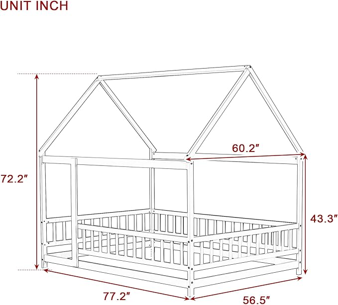 Ball & Cast Full Size Floor Bed,Montessori Bed with Roof & Safety Guardrails Design,Wooden Toddler House Bed Frame W/Open Door,for Girls Boys,Natural