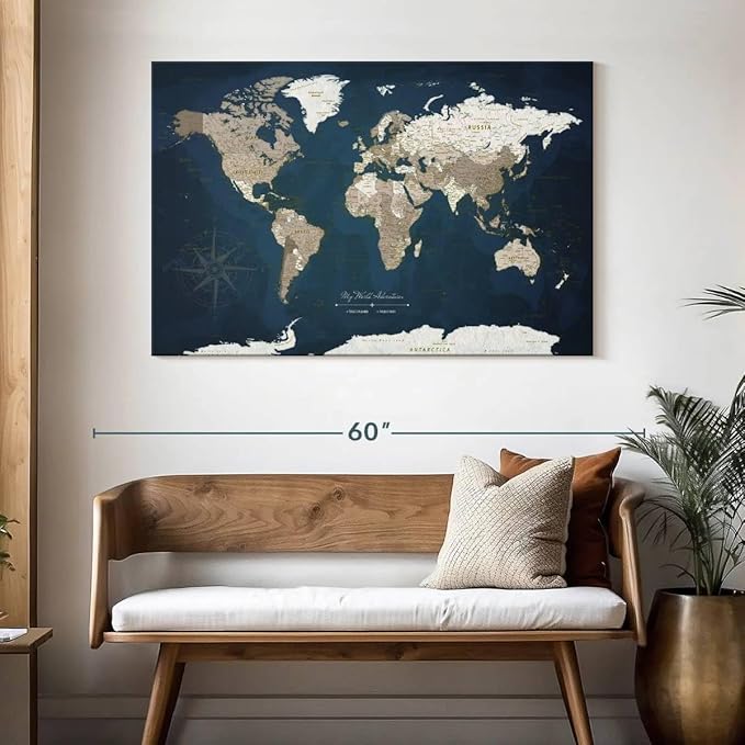 ElephantStock - My World Adventures Push Pin Travel Map I Wall Art - Horizontal Canvas Wall Art - Living Room Wall Decor - Printmaking Map Canvas Art - Blue And Beige Decor - 48" x 32"