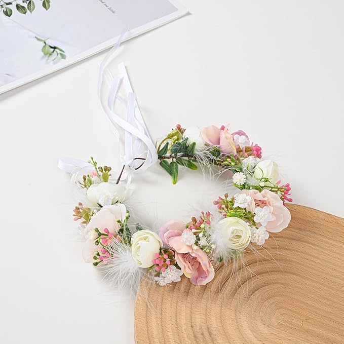 Baby Girls Flower Crown Flower Girl Headpiece boho Little Wreaths for Weddings, Family photography (Pink White)