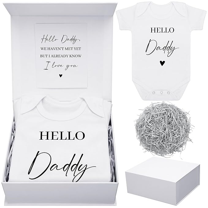4 Pcs Pregnancy Announcement for Husband, Hello Daddy Baby Bodysuit, Hello Daddy Pregnancy Reveal Card Baby Reveal Gift Box Surprise Baby Announcement Gifts Set for Husband Partner