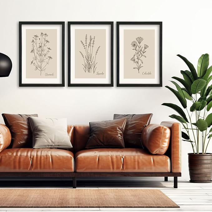 YWJKWLGS Vintage Botanical Wall Art 11x16 Inch Set Of 3 Wooded Framed Minimalist Rustic Wildflower Pictures Floral Sign Bedroom Wall Hanging Decor (Black)