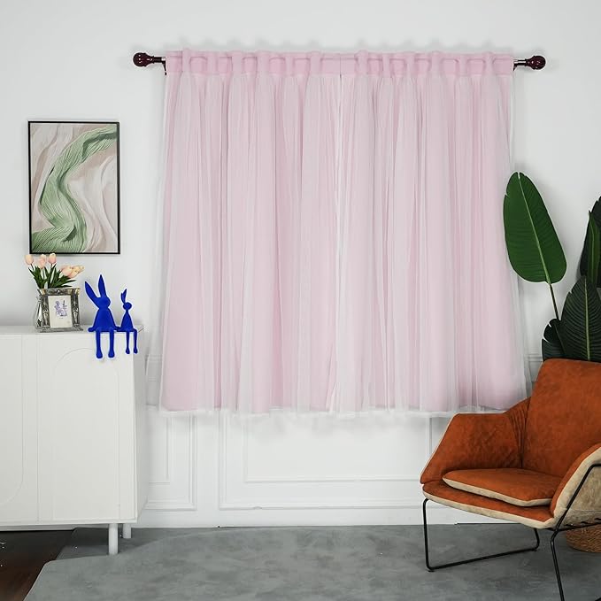 INLINAS Pale Pink Blackout Curtains with Sheer Overlay - Rod Pocket Thermal and Noise Reduction Panels for Bedroom and Living Room Light Blocking and Energy Saving, 52 x 63 Inches, Set of 2