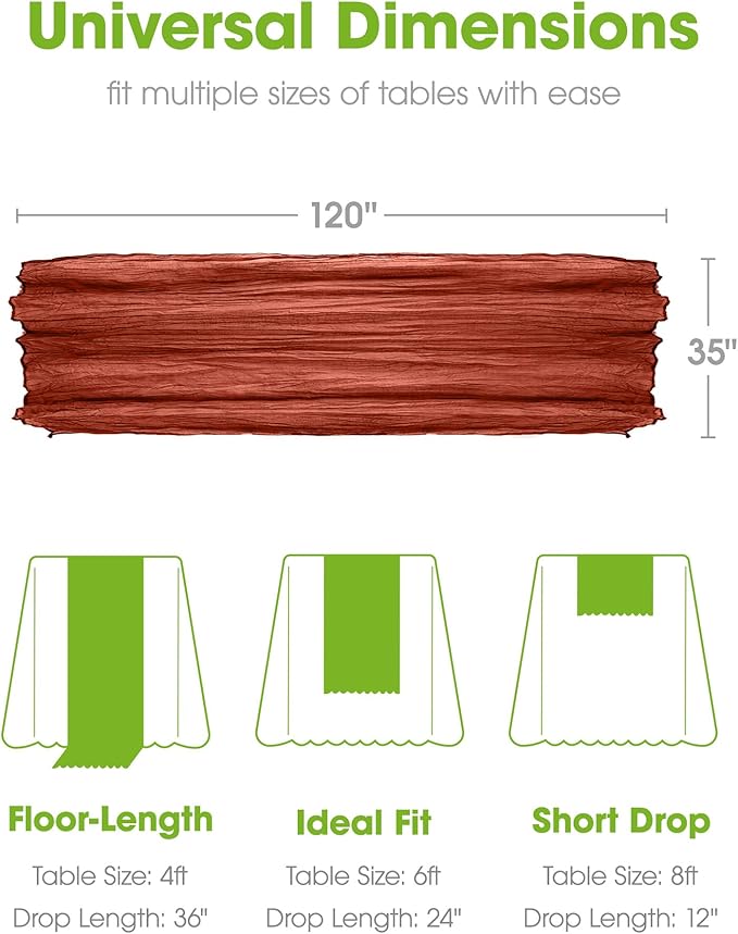 Pureegg 2-Pack Fall Thanksgiving Table Runner, 120'' Boho Table Cloth Decorations for Party, Baby Shower, Wedding and Farmhouse, Fabric Room Decor, Rust, Terracotta