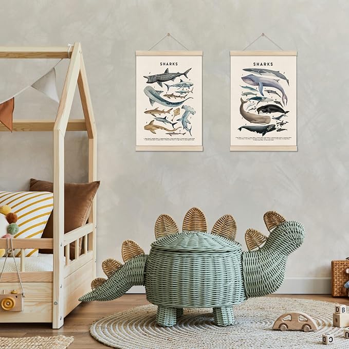 DOI-LANEE Shark Poster Hanger Frame, Set of 2 Shark Canvas Wall Art 16x12 Inch, Kids Educational & Learning Posters, Ocean Room, Sea Animal Decor for Playroom Classroom, Ocean Animals Wall Decor