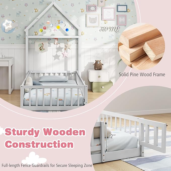MAT EXPERT Twin Floor Bed with House-Shaped Headboard, Montessori Kids Bed with Detachable Clothes Hanger, Full Length Safety Guardrails, Solid Wood Twin Bed Frames for Kids (White)