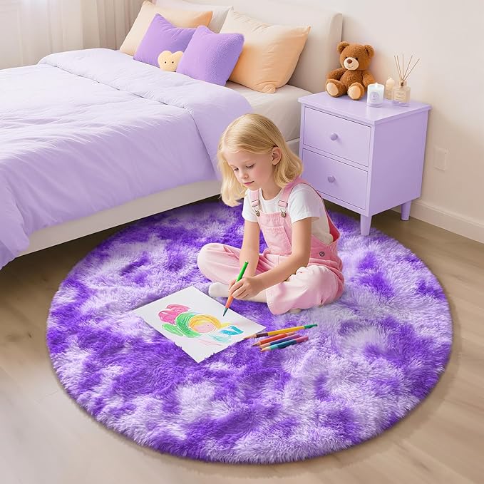 EVOIONOS Tie-Dyed Purple Round Rug for Bedroom, 4x4 Ft Fluffy Soft Circle Area Rugs for Living Room, Plush Shaggy Circular Carpet for Indoor Floor Bedside Kids Nursery, Home Decor Aesthetic