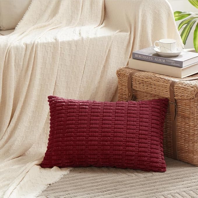 Fancy Homi 2 Packs Wine Red Christmas Lumbar Decorative Throw Pillow Covers 12x20 Inch for Living Room Couch Bedroom, Farmhouse Boho Home Decor, Soft Corduroy Burgundy Rectangle Cushion Case 30x50 cm